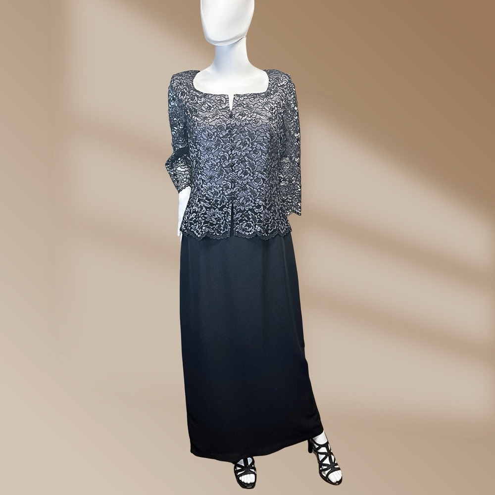 Maggy London Women's Black Lace Formal Long Dress Sz 14 Beaded Sparkle